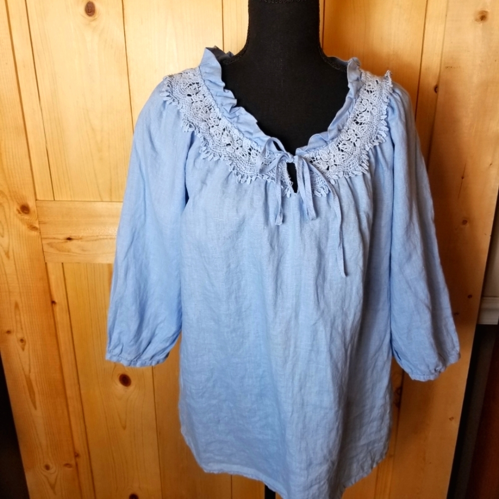 For Cynthia Linen Oversized Peasant Lace Blouse